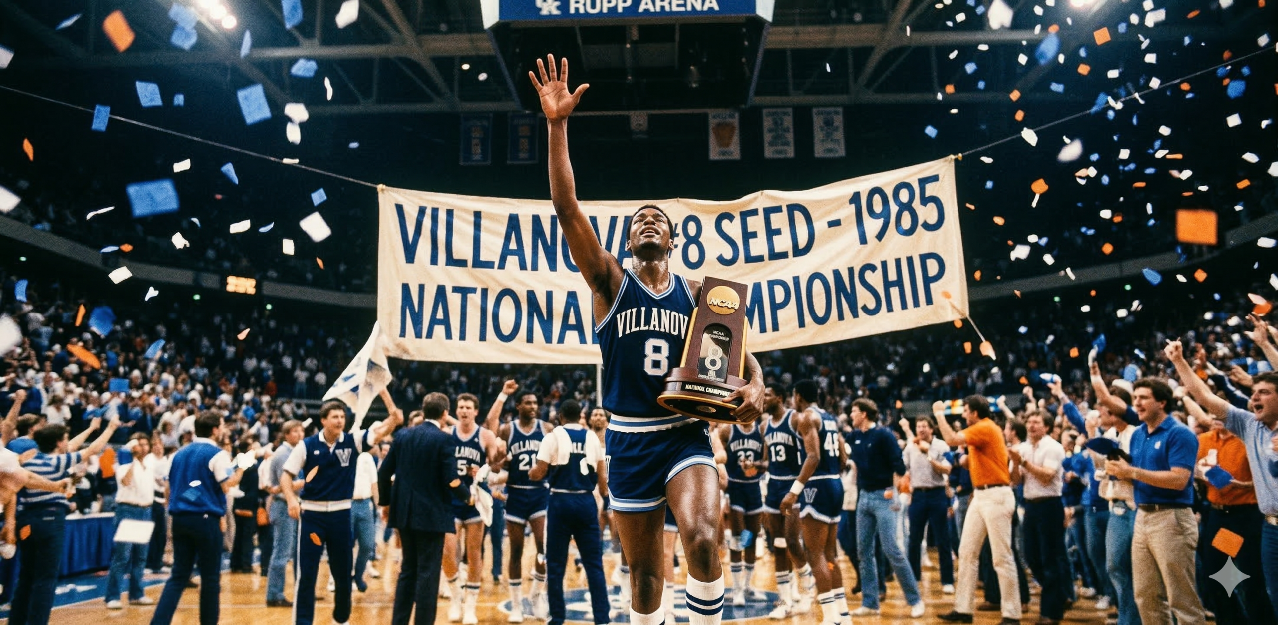Villanova head coach Rollie Massimino and players celebrate winning the 1985 NCAA Championship as a No. 8 seed.